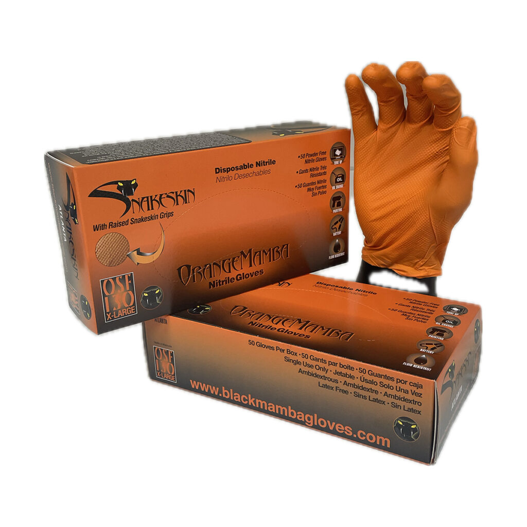 Black Mamba Snakeskin Nitrile Disposable Gloves in Orange sold in 50 gloves boxes